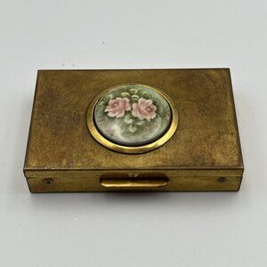 Antique Vintage Metal Trinket Pill Box Floral Rose Design Tray Vial Inserts